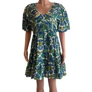 Floral V-Neck Mini Dress - Green and Blue